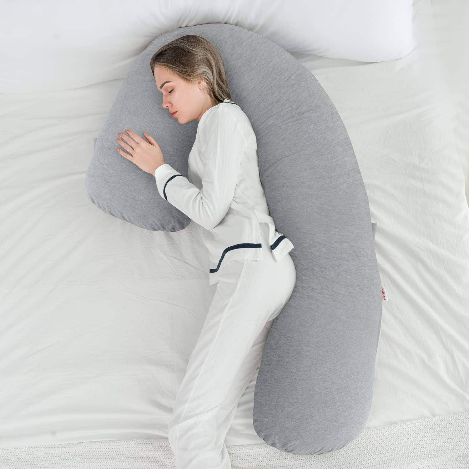Body Pregnancy Pillow with Jersey Cover, L Shaped Full Body Pillow for Pregnant Women and Side Sleeping, Gray