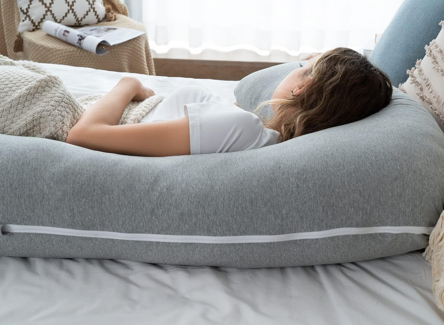 Body Pregnancy Pillow with Jersey Cover, L Shaped Full Body Pillow for Pregnant Women and Side Sleeping, Gray