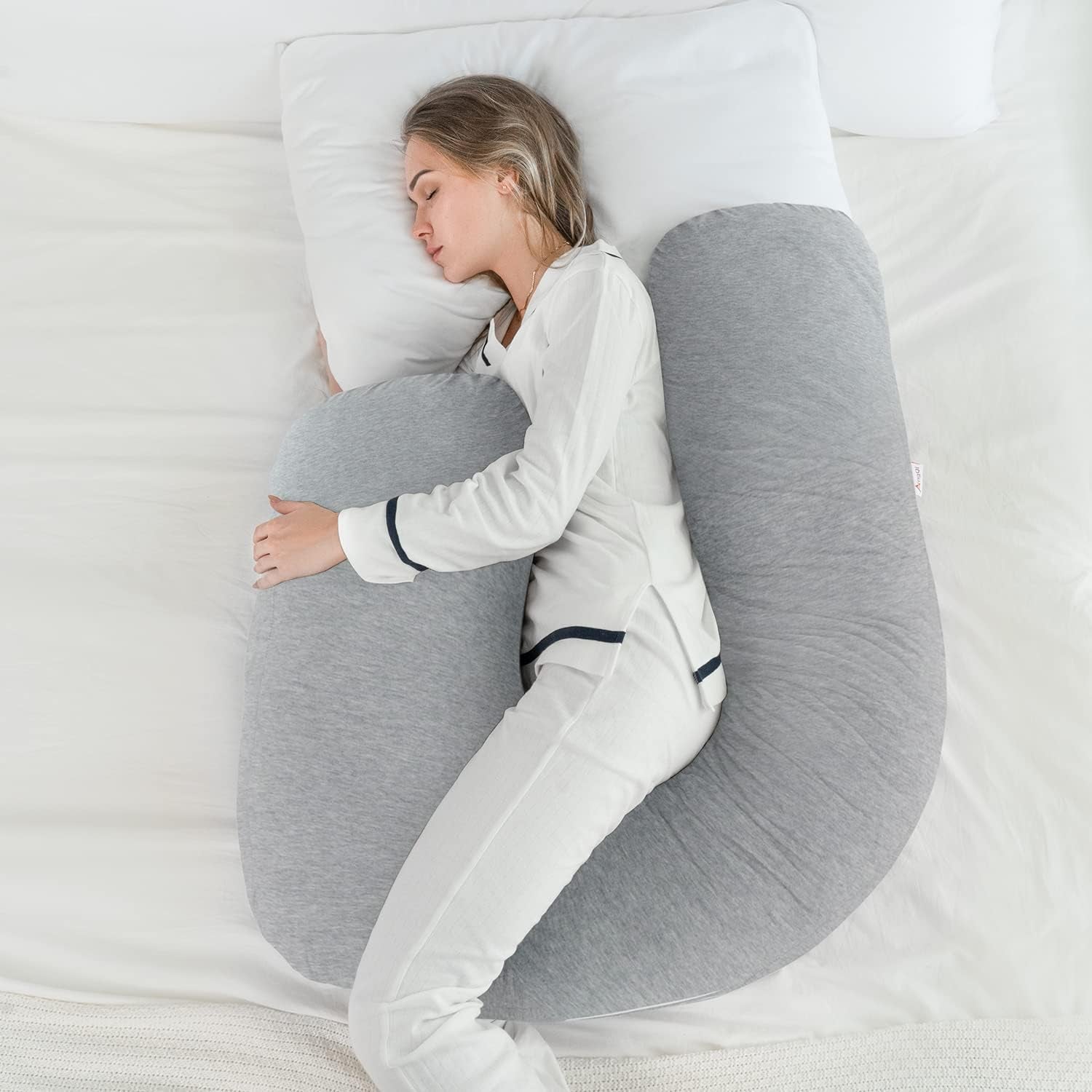 Body Pregnancy Pillow with Jersey Cover, L Shaped Full Body Pillow for Pregnant Women and Side Sleeping, Gray