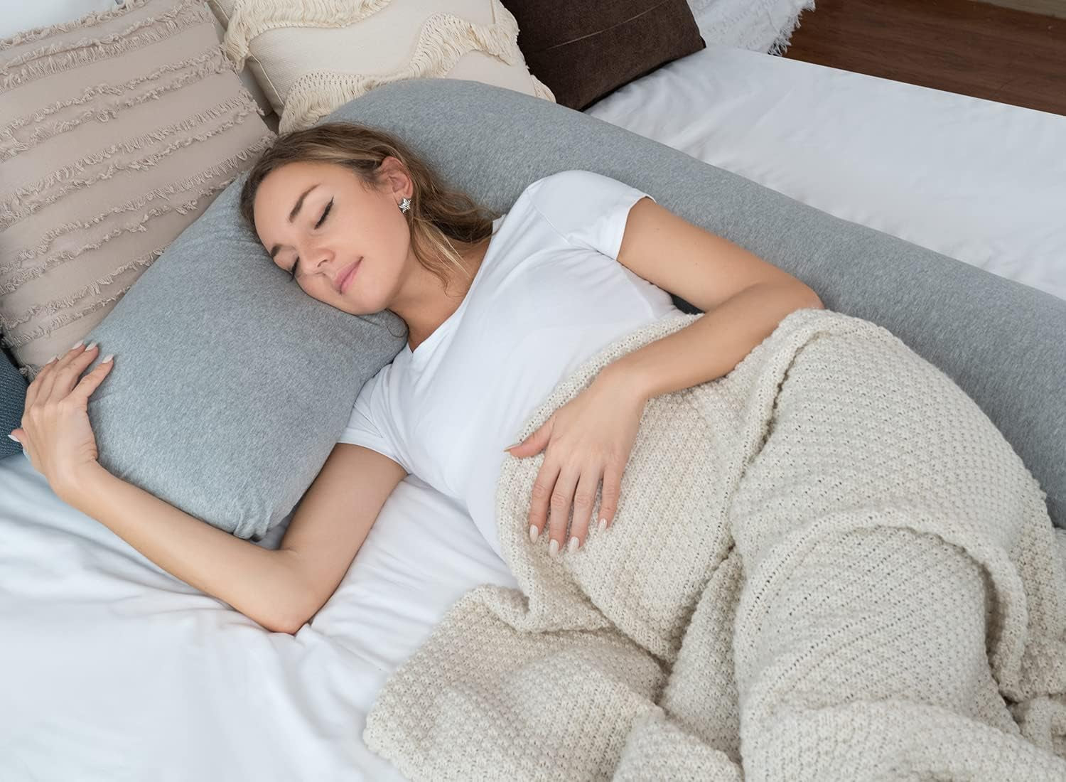 Body Pregnancy Pillow with Jersey Cover, L Shaped Full Body Pillow for Pregnant Women and Side Sleeping, Gray